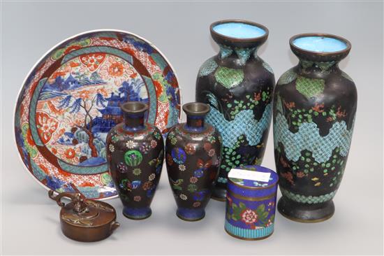 Five cloisonne vases, a cloisonne canister, a Chinese bronze pouring vessel and Imari dish tallest vase 24cm